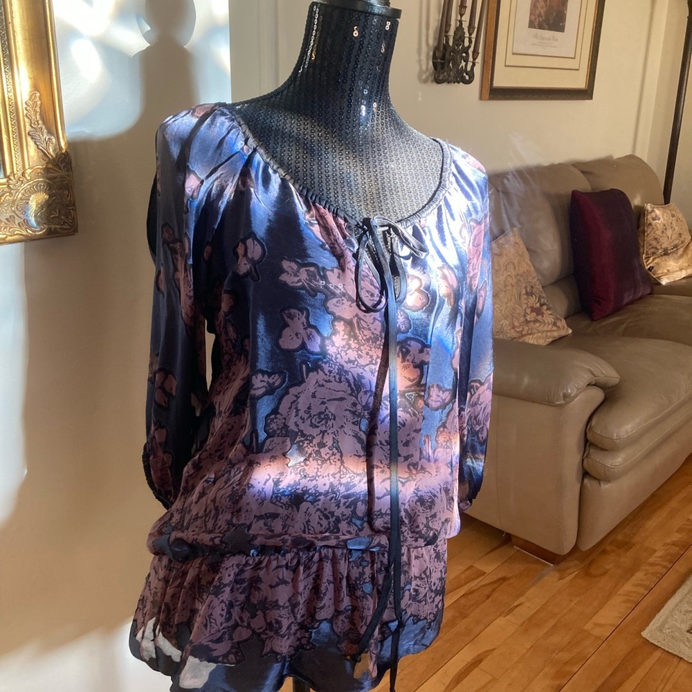 Hale Bob Los Angeles Satin Floral Tie-Front Blouse in Purple and Pink